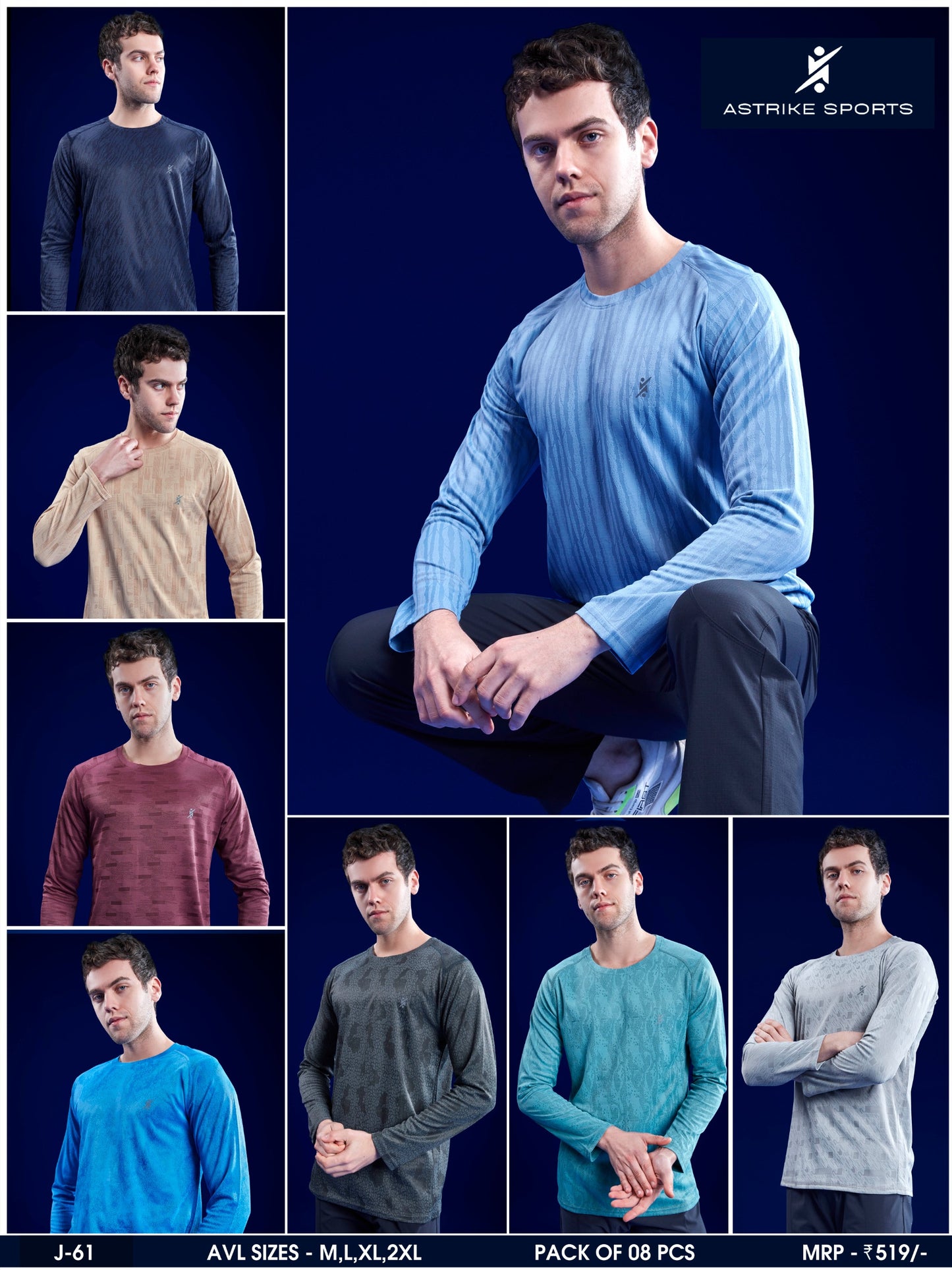 ASTRIKE SPORTS Round Neck Full Sleeve T-shirt at Wholesale Price J-61 | 8 Pcs Packing