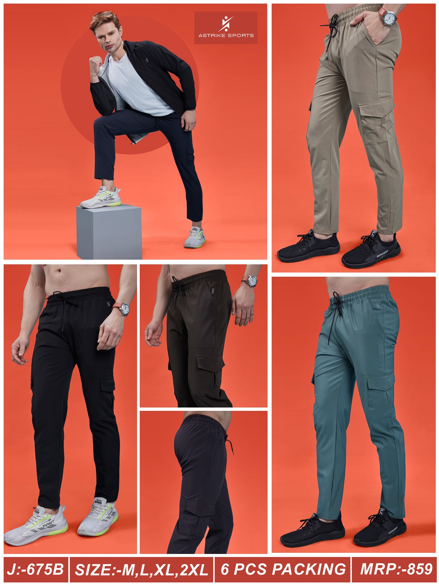 Men Solid Relax Fit Sports Cargo Trackpants at Wholesale Price J-675-(B) | 8 Pcs Box