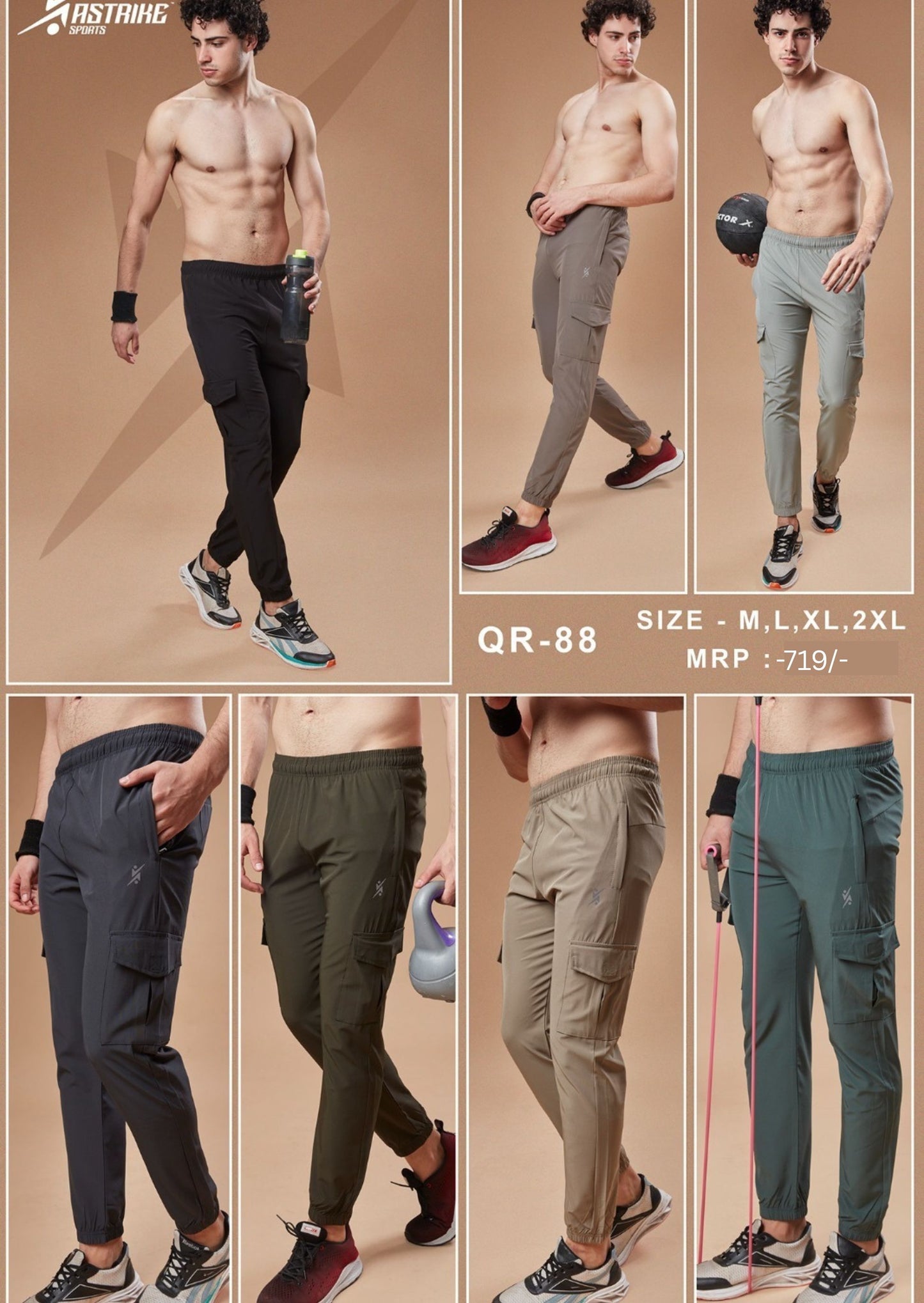 Men Solid Relax Fit Sports Cargo Trackpants at Wholesale Price QR 88 | 6 Pcs Box