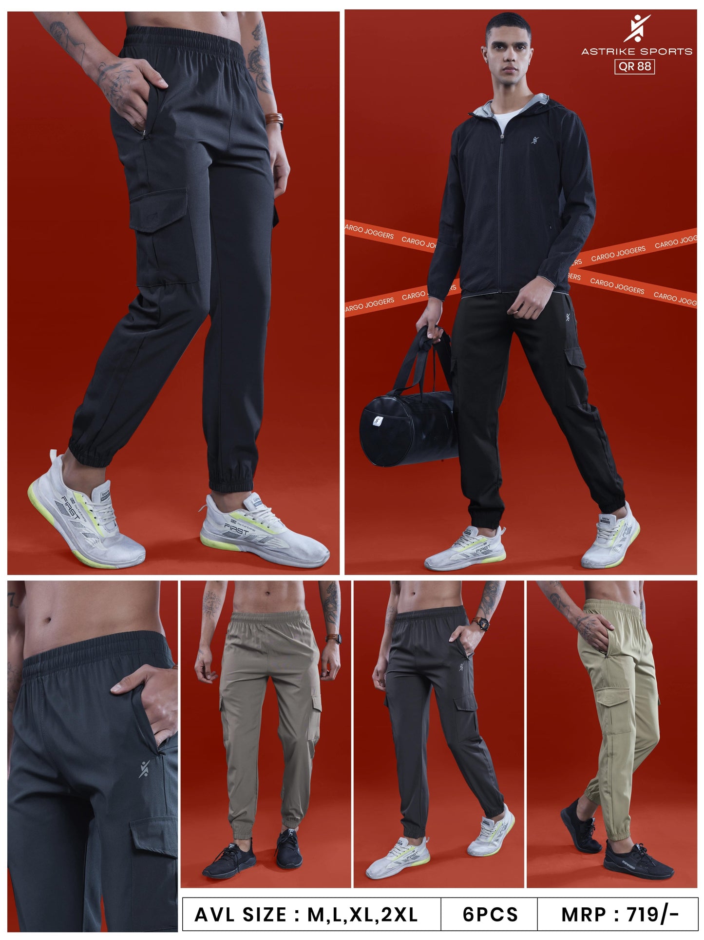 Men Solid Relax Fit Sports Cargo Trackpants at Wholesale Price QR 88 | 6 Pcs Box