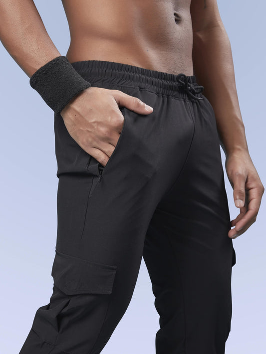 Men Solid Relax Fit Sports Cargo Trackpants at Wholesale Price Special Black J-675-(B) | 6 Pcs Box